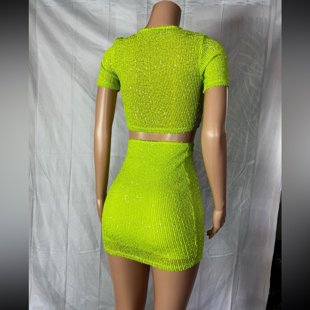 Lime green sequin mini skirt and matching crop top